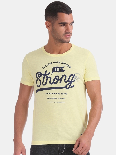 

Flying Machine Men Yellow Printed Round Neck Pure Cotton T-shirt