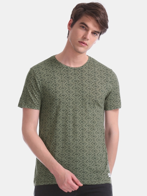 

Flying Machine Men Olive Green Printed Round Neck T-shirt