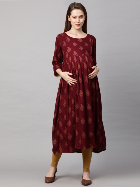 

MomToBe Women Red & Gold-Toned Printed A-Line Maternity Kurta