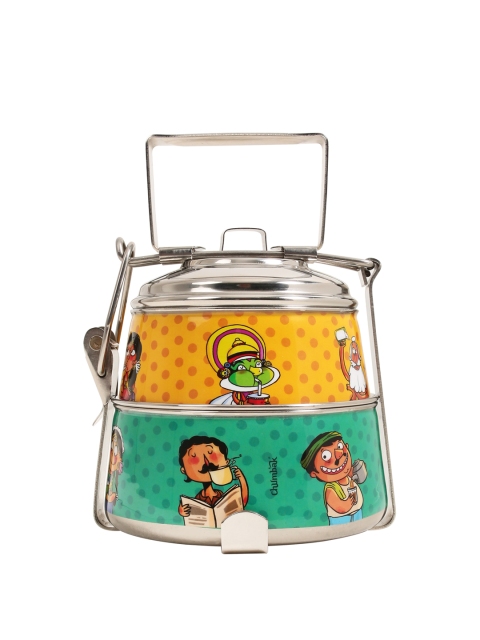 

Chumbak Teal Green & Yellow Printed Bobble Heads Steel Lunch Box