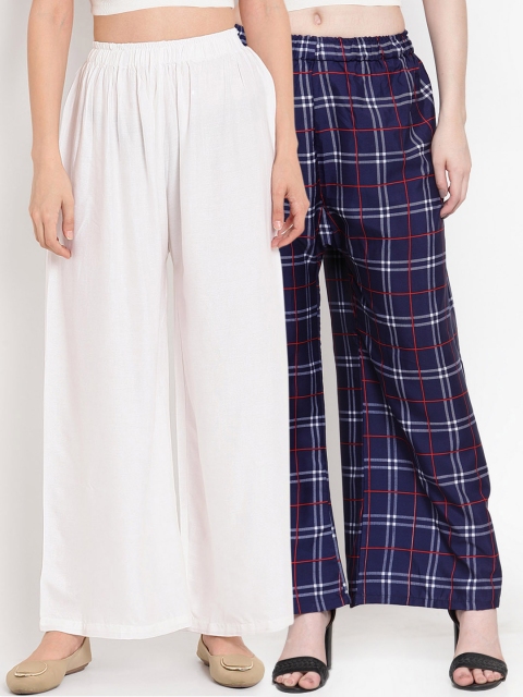 

TAG 7 Women Pack of 2 Checked Flared Palazzos, White