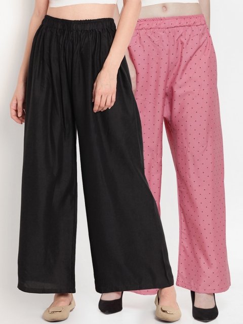 

TAG 7 Women Pack of 2 Printed Flared Palazzos, Black