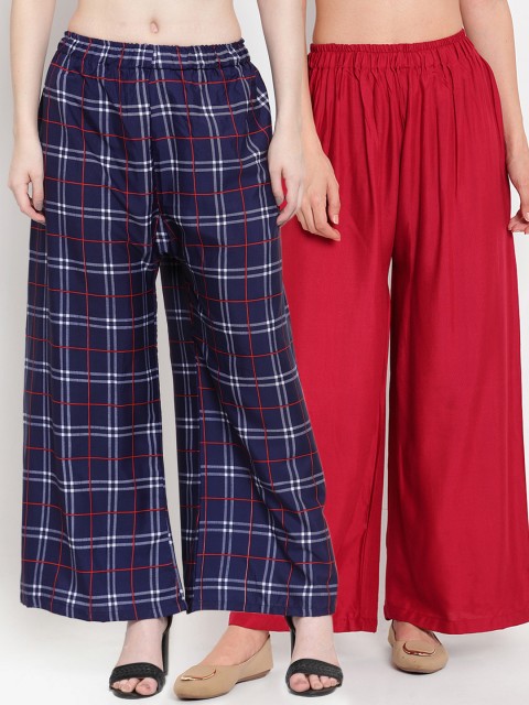 

TAG 7 Women Pack of 2 Checked Flared Palazzos, Red