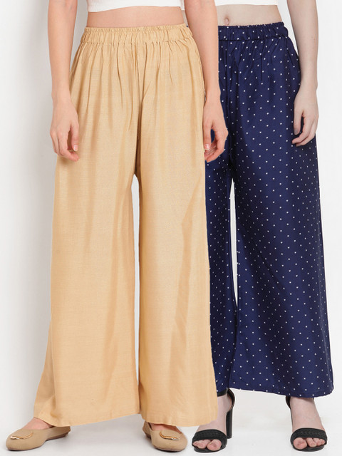 

TAG 7 Women Pack of 2 Printed Flared Palazzos, Beige