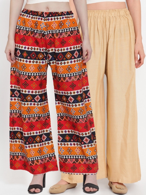 

TAG 7 Women Pack of 2 Printed Flared Palazzos, Beige