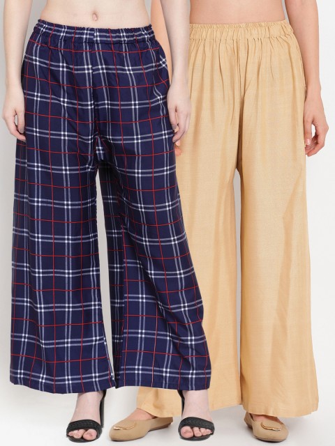

TAG 7 Women Pack of 2 Checked Flared Palazzos, Beige