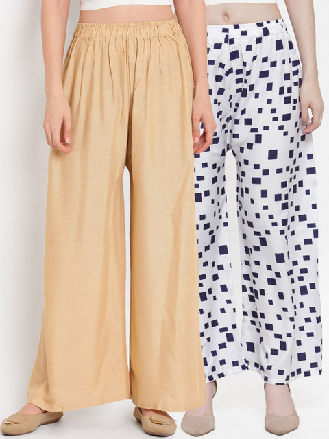 

TAG 7 Women Pack of 2 Printed Flared Palazzos, Beige