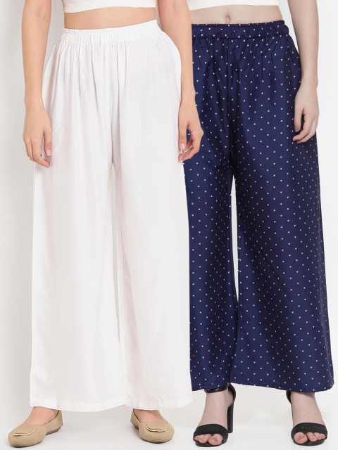 

TAG 7 Women Pack of 2 Printed Flared Palazzos, White