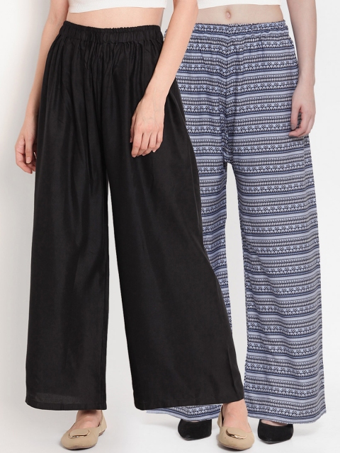 

TAG 7 Women Pack of 2 Printed Flared Palazzos, Black