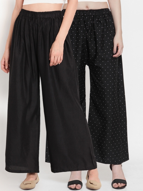 

TAG 7 Women Pack of 2 Printed Flared Palazzos, Black