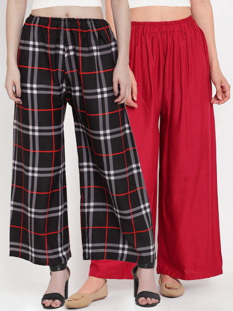

TAG 7 Women Pack of 2 Checked Flared Palazzos, Red