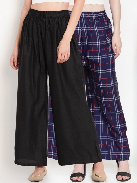 

TAG 7 Women Pack of 2 Checked Flared Palazzos, Black