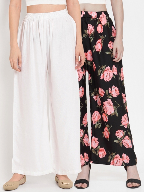 

TAG 7 Women Pack of 2 Floral Print Flared Palazzos, White