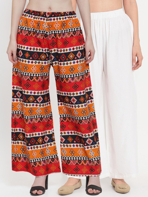 

TAG 7 Women Pack of 2 Printed Flared Palazzos, White