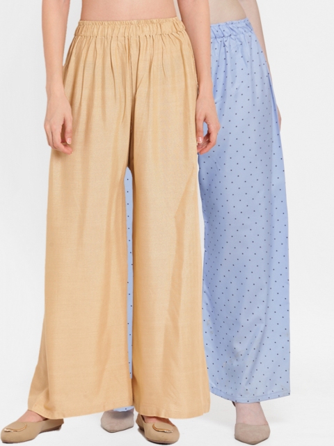 

TAG 7 Women Pack of 2 Beige & Blue Printed Flared Palazzos