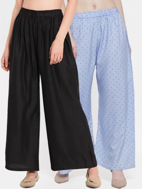 

TAG 7 Women Pack Of 2 Black & Blue Printed Flared Palazzos