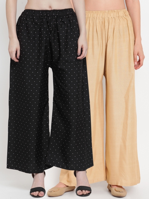 

TAG 7 Women Pack of 2 Printed Flared Palazzos, Beige