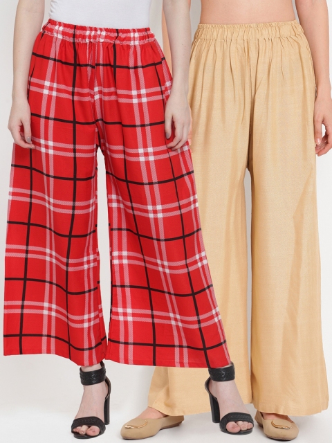 

TAG 7 Women Pack of 2 Checked Flared Palazzos, Beige