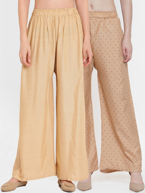 

TAG 7 Women Pack of 2 Printed Flared Palazzos, Beige
