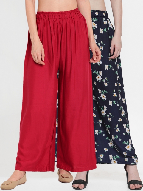 

TAG 7 Women Pack of 2 Floral Print Flared Palazzos, Red