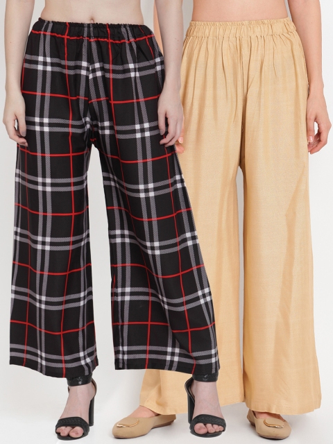 

TAG 7 Women Pack of 2 Checked Flared Palazzos, Beige