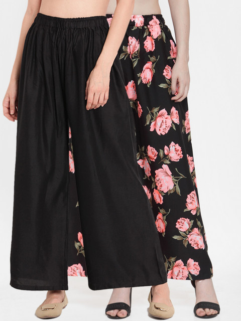 

TAG 7 Women Pack of 2 Black & Peach-Coloured Printed Flared Palazzos
