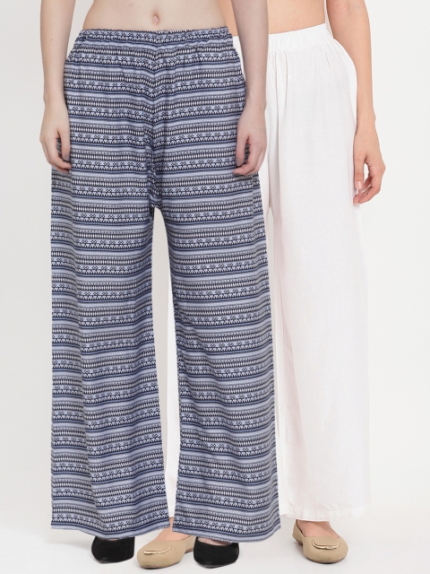 

TAG 7 Women Pack of 2 Printed Flared Palazzos, White