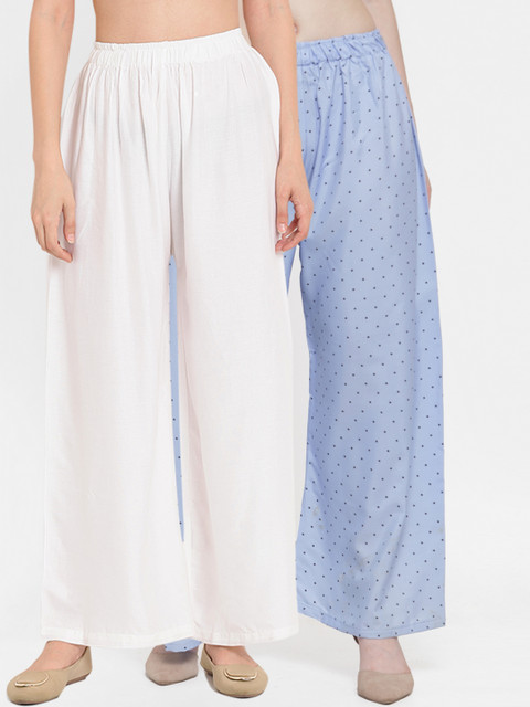 

TAG 7 Women Pack of 2 Printed Flared Palazzos, White