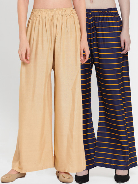 

TAG 7 Women Pack Of 2 Beige & Navy Blue Printed Flared Palazzos