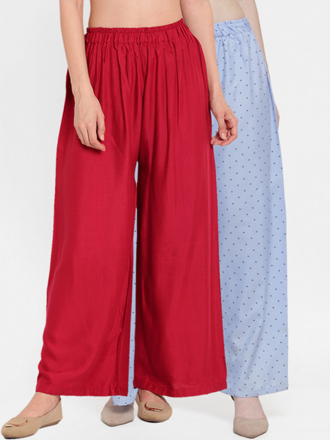 

TAG 7 Women Pack Of 2 Maroon & Blue Printed Flared Palazzos
