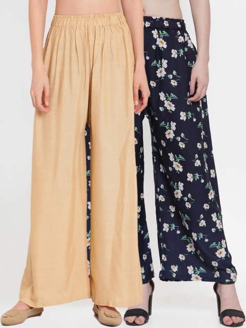 

TAG 7 Women Pack of 2 Printed Flared Palazzos, Beige