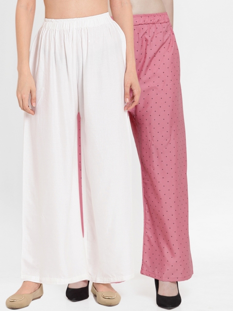 

TAG 7 Women Pack of 2 Printed Flared Palazzos, White