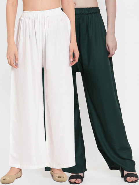 

TAG 7 Women Pack of 2 Green & White Solid Wide Leg Palazzos