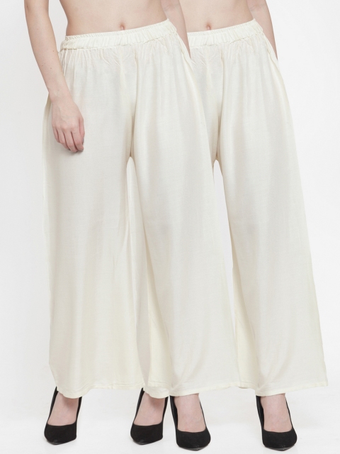 

TAG 7 Women Pack of 2 Solid Flared Palazzos, Off white