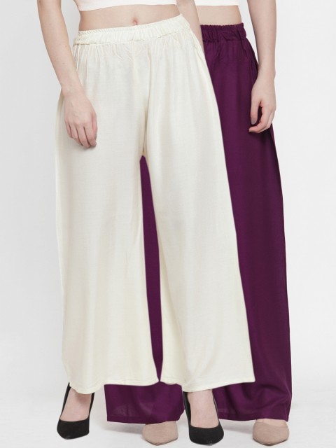 

TAG 7 Women Pack of 2 Solid Flared Palazzos, Off white
