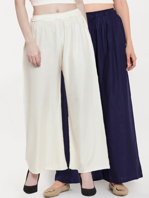 

TAG 7 Women Pack of 2 Solid Flared Palazzos, Off white