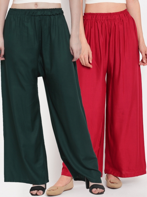 

TAG 7 Women Pack of 2 Solid Flared Palazzos, Green