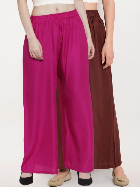 

TAG 7 Women Pack of 2 Solid Wide Leg Palazzos, Magenta