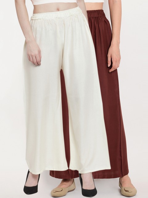 

TAG 7 Women Pack of 2 Printed Flared Palazzos, Off white