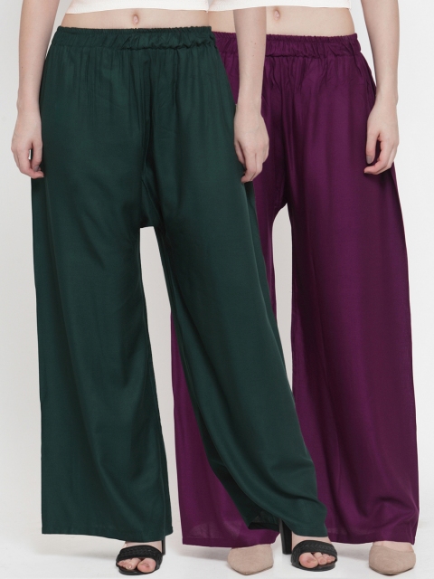 

TAG 7 Women Pack Of 2 Solid Straight Palazzos, Green