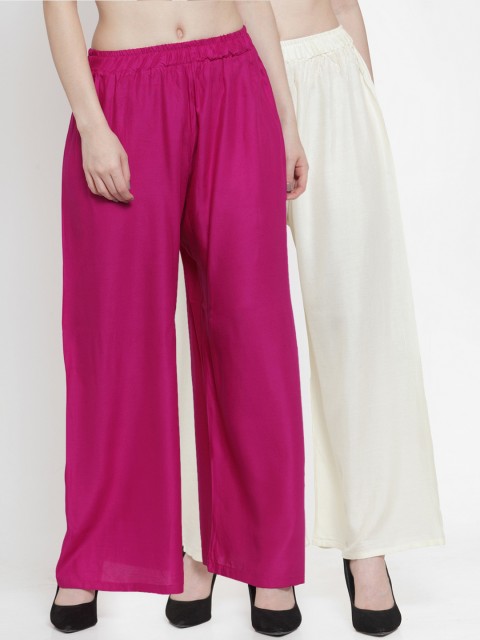 

TAG 7 Women Pack Of 2 Solid Straight Palazzos, Off white