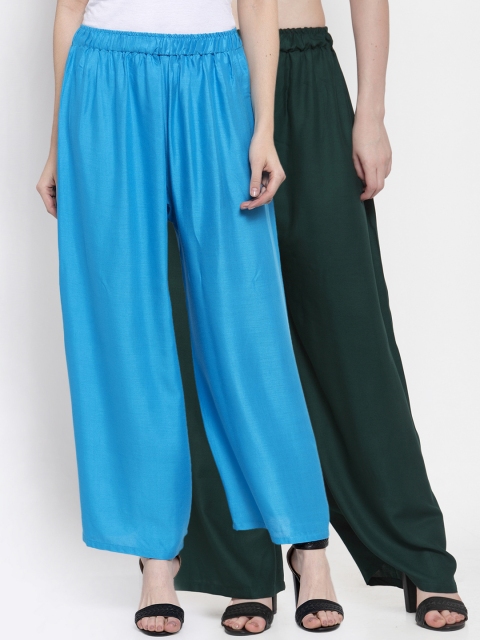 

TAG 7 Women Pack Of 2 Green & Blue Solid Flared Palazzos