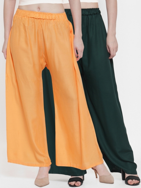 

TAG 7 Women Pack Of 2 Green & Orange Solid Flared Palazzos