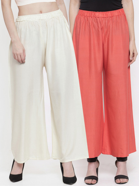 

TAG 7 Women Pack of 2 Solid Flared Palazzos, Off white