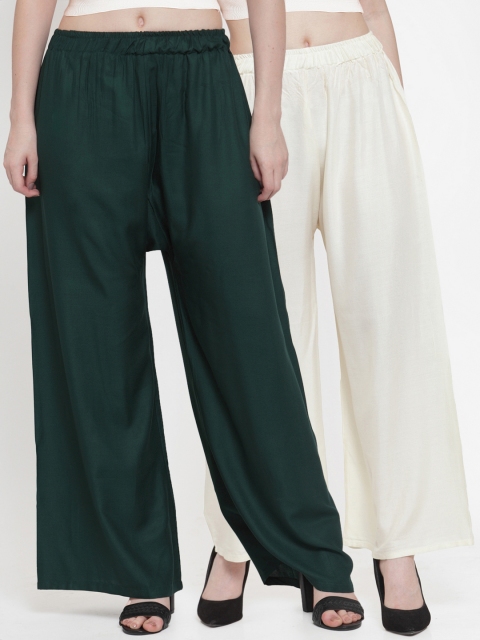 

TAG 7 Women Pack of 2 Solid Flared Palazzos, Off white