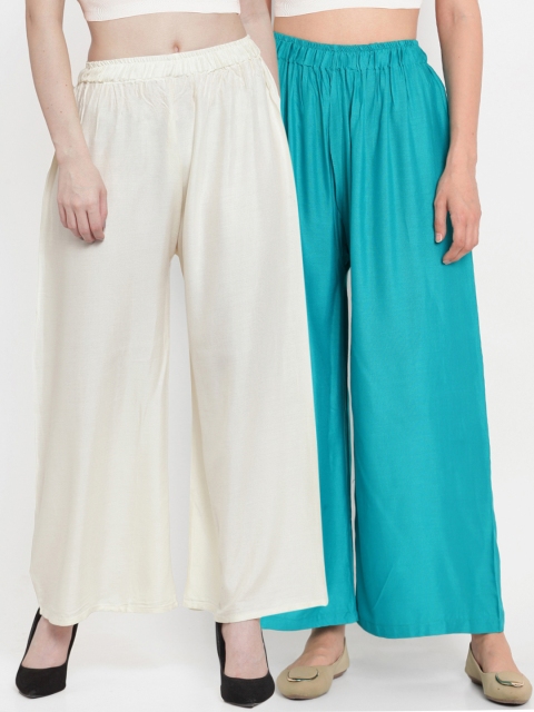 

TAG 7 Women Pack of 2 Solid Flared Palazzos, Off white