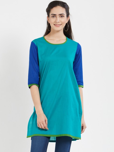 

Desi Weavess Women Teal Blue Solid Straight Kurti