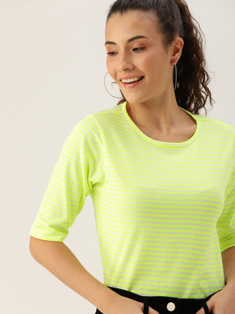 

DressBerry Women Fluorescent Green Striped Round Neck T-shirt