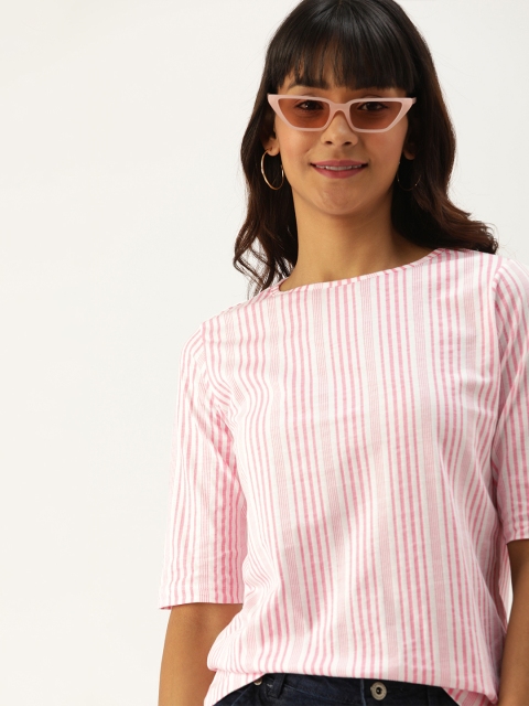 

DressBerry Women White & Pink Striped Round Neck Pure Cotton Top