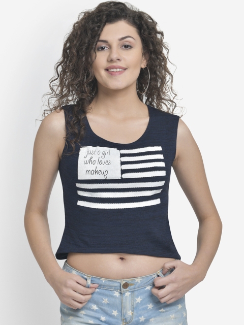 

Martini Women Navy Blue & White Striped Round Neck Crop T-shirt